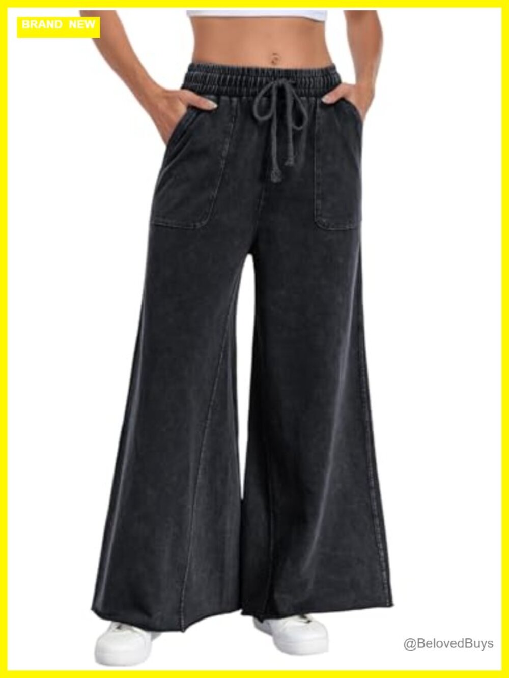 Womens Cotton Wide Leg Sweatpants Raw Hem Drawstring High Rise